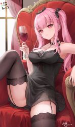 Rule 34 | 1girl, absurdres, alcohol, armchair, averting eyes, black choker, black garter straps, black nightgown, black panties, black scrunchie, black thighhighs, blunt bangs, breasts, chair, choker, commentary, cup, curtains, dated, drinking glass, garter straps, hair ornament, hair scrunchie, highres, holding, holding cup, hololive, hololive english, knee up, large breasts, like and retweet, long hair, mori calliope, mori calliope (sleepwear), nightgown, official alternate costume, panties, parted lips, pendant choker, pink eyes, pink hair, ponytail, scrunchie, see-through, side ponytail, sidelocks, signature, sitting, skull, sleepwear, solo, symbol-only commentary, thighhighs, thighs, tiara, twintails, underwear, virtual youtuber, window, wine, wine glass, zeng$ (zwj)