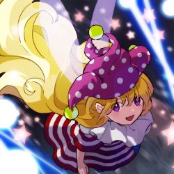 Rule 34 | 1girl, american flag dress, blonde hair, blue dress, blue pants, clownpiece, danmaku, dress, eyes visible through hair, fairy wings, flying, hair between eyes, hat, jester cap, kaigen 1025, laser, long hair, looking at viewer, looking up, moon, multicolored clothes, multicolored dress, neck ruff, open mouth, pants, polka dot, purple eyes, purple hat, red dress, short sleeves, smile, solo, star (symbol), star print, striped clothes, striped dress, touhou, white dress, wings