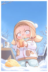 Rule 34 | 1girl, :&lt;, beanie, blue eyes, blurry, blurry background, child, constricted pupils, day, food, food on face, hat, highres, holding, holding food, ice cream cone, kozato (yu kozato), little blonde girl (kozato), mittens, unworn mittens, original, outdoors, pom pom (clothes), sky, snot, snow, solo, twintails, winter clothes