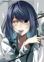 Rule 34 | 1girl, absurdres, aqua eyes, black sweater vest, blue bow, blue bowtie, blue hair, blurry, blurry foreground, blush, bow, bowtie, collared shirt, commentary request, flying paper, gradient hair, highres, holding, holding pen, kurokawa akane, light blue hair, looking at viewer, medium hair, mismatched pupils, multicolored hair, notepad, oshi no ko, paper, paper in mouth, pen, shirt, solo, spoilers, star-shaped pupils, star (symbol), sweater vest, swept bangs, symbol-shaped pupils, upper body, white shirt, yoihami 294