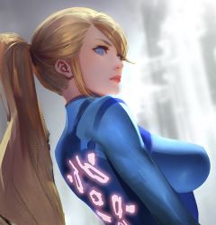 Rule 34 | 1girl, blonde hair, blue bodysuit, blue eyes, bodysuit, breasts, closed mouth, commentary, dutch angle, english commentary, from side, large breasts, long hair, metroid, nintendo, ponytail, red lips, samus aran, shuichi wada, skin tight, super smash bros., unfinished, zero suit