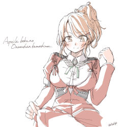 Rule 34 | 1girl, aquila (kancolle), collared shirt, commentary request, cropped torso, hair ornament, hairclip, high ponytail, highres, kantai collection, long hair, orange hair, red shirt, romaji text, shirt, simple background, smile, solo, tatahai, translation request, upper body, wavy hair, white background, white shirt, yellow eyes