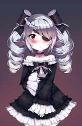 Rule 34 | 1girl, bad hands, bare shoulders, blush, bow, drawfag, drill hair, eyepatch, gothic lolita, grey hair, highres, infinite stratos, laura bodewig, lolita fashion, looking at viewer, red eyes, simple background, twin drills