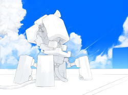 Rule 34 | blue sky, cable, cloud, cloudy sky, greyscale, looking up, mecha, megaphone, monochrome, no humans, non-humanoid robot, original, ro g (oowack), robot, sky, standing