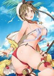 Rule 34 | 1girl, adapted costume, ass, atelier (series), atelier ryza, atelier ryza 1, bare shoulders, bikini, blush, breasts, brown eyes, brown hair, cleavage, day, from behind, hair ornament, hairclip, hat, highres, jewelry, large breasts, looking at viewer, necklace, ocean, open mouth, outdoors, palm tree, reisalin stout, shiny skin, sideboob, smile, solo, staff, swimsuit, tamiya akito, thigh strap, thighs, tree