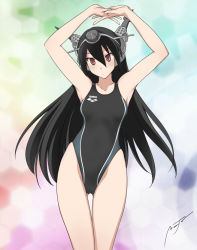 10s 1girl arena_(company) bare_shoulders black_hair blush breasts competition_swimsuit female_focus hairband headgear kantai_collection long_hair nagato_(kancolle) onaya_masakazu one-piece_swimsuit personification red_eyes solo swimsuit