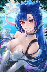 Rule 34 | 1girl, artist name, blue hair, breasts, choker, cloud, commentary, day, dragon girl, dragon horns, dragon tail, english commentary, highres, horns, indie virtual youtuber, long hair, looking at viewer, medium breasts, multiple horns, outdoors, red eyes, second-party source, smile, solo, tail, teeth, unsomnus, upper body, vienna (vtuber), vienna (vtuber) (3rd costume), virtual youtuber, watermark