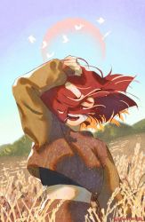 Rule 34 | 1girl, arm at side, arm up, artist name, autumn, blue sky, brown sweater, bug, butterfly, clothes lift, commentary, crop top, day, english commentary, closed eyes, facing viewer, field, floating hair, hair over one eye, highres, insect, laughing, light particles, long sleeves, midriff, mountainous horizon, multicolored hair, one eye covered, open mouth, orange eyes, original, outdoors, red hair, short hair, shounen girl, skirt, skirt set, sky, sleeves past wrists, solo, streaked hair, sun, sweater, sweater lift, two-tone hair, undershirt, upper body, wheat, wheat field, wind, wind lift