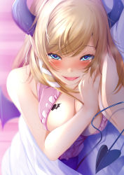 Rule 34 | 1girl, bat tattoo, bat wings, bed, blonde hair, blouse, blue eyes, blurry, blush, breast tattoo, breasts, cleavage, commentary, curtains, demon horns, demon tail, depth of field, eyelashes, fumihiko (fu mihi ko), hair ribbon, half-closed eyes, heart, heart-shaped pupils, highres, hololive, horns, infirmary, long hair, looking at viewer, lying, medium breasts, on bed, on side, open mouth, pink shirt, pov across bed, ribbon, shadow, shirt, sleeveless, sleeveless shirt, smile, solo, sweat, symbol-shaped pupils, tail, tattoo, under covers, virtual youtuber, white ribbon, wings, yuzuki choco, yuzuki choco (1st costume)