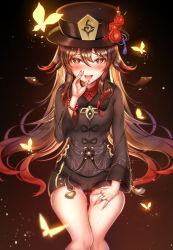 Rule 34 | 1girl, bead bracelet, beads, black hat, black jacket, black shorts, blush, bracelet, breasts, brown hair, bug, butterfly, flower, genshin impact, hat, hat flower, highres, hu tao (genshin impact), insect, jacket, jewelry, long hair, long sleeves, looking at viewer, open mouth, plum blossoms, queencho, red eyes, ring, shorts, small breasts, smile, steaming body, symbol-shaped pupils, thighs, twintails, very long hair
