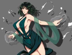 Rule 34 | &gt;:), 1girl, adapted costume, akino (gokosei), armpits, bare shoulders, bent spoon, breasts, cleavage, closed mouth, cowboy shot, dress, drop shadow, covered erect nipples, fubuki (one-punch man), green dress, green eyes, green hair, grey background, highres, large breasts, looking at viewer, matching hair/eyes, one-punch man, outstretched arms, revealing clothes, shawl, short hair, sideboob, sleeveless, solo, spoon, spread arms, telekinesis, v-shaped eyebrows
