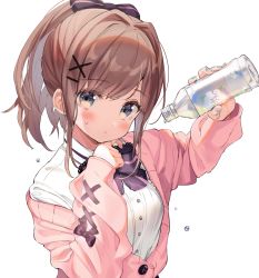 Rule 34 | 1girl, blue eyes, blue nails, blush, bottle, bow, bowtie, breasts, brown hair, eyelashes, hair ribbon, hand on own chin, highres, kanda done, looking at viewer, medium breasts, medium hair, nail polish, nijisanji, off shoulder, open mouth, pink sweater, ponytail, purple bow, purple bowtie, ribbon, shirt, simple background, sleeves past wrists, solo, suzuhara lulu, sweater, upper body, virtual youtuber, water bottle, water drop, white background, white shirt