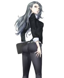 Rule 34 | 1girl, arched back, ass, belt, black shirt, breasts, brown eyes, earrings, folder, hair behind ear, hair ornament, jewelry, long hair, looking back, niijima sae, ozkh, pants, pantylines, persona, persona 5, shirt, silver hair, solo, tight clothes, tight pants