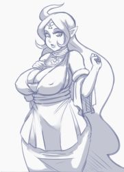 Rule 34 | 1girl, ahoge, blue theme, breasts, circlet, cleavage, detached sleeves, covered erect nipples, highres, huge breasts, jewelry, lips, live for the funk, long hair, monochrome, nayru, neck ring, nintendo, pointy ears, sash, sideboob, standing, the legend of zelda, the legend of zelda: oracle of ages, wide hips