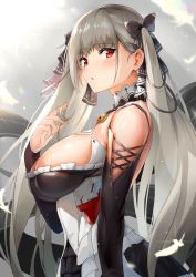 Rule 34 | 1girl, :o, absurdres, azur lane, bare shoulders, black dress, blush, breasts, dress, earrings, feathers, flight deck, formidable (azur lane), frilled dress, frills, from side, grey hair, hair ribbon, highres, jewelry, large breasts, long hair, long sleeves, looking at viewer, maeshimashi, red eyes, ribbon, rigging, solo, twintails, two-tone dress, two-tone ribbon, upper body, very long hair