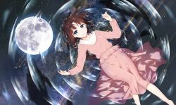 Rule 34 | 1girl, absurdres, afloat, blue eyes, blush, brown hair, closed mouth, commentary request, dress, feet out of frame, frilled dress, frills, from above, full body, gundam, highres, long hair, long sleeves, looking at viewer, lying, mimamui, night, night sky, on back, original, pink dress, reflection, ripples, sky, smile, solo, star (sky), starry sky, water