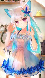 Rule 34 | 1girl, absurdres, animal ear fluff, animal ears, bare shoulders, blue flower, blunt bangs, blush, cat, cat ears, cat tail, collarbone, colored inner hair, dress, extra ears, fang, flower, frown, hair flower, hair ornament, hands up, highres, indoors, lize helesta, long hair, looking at viewer, multicolored hair, nijisanji, off-shoulder dress, off shoulder, paw pose, puffy short sleeves, puffy sleeves, purple eyes, sebastian piyodore, short sleeves, skin fang, standing, striped clothes, striped dress, t6 ti, tail, two-tone hair, vertical-striped clothes, vertical-striped dress, virtual youtuber, white hair
