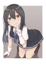 Rule 34 | 1girl, black hair, black skirt, black socks, blue ribbon, brown footwear, finger to mouth, framed image, gloves, hair ornament, hairclip, highres, kantai collection, kneehighs, kneeling, loafers, looking at viewer, neck ribbon, open mouth, oyashio (kancolle), pleated skirt, ribbon, shirt, shoes, short sleeves, shushing, simple background, skirt, socks, solo, vest, wasumi kei, white gloves, white shirt, yellow eyes