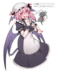 Rule 34 | ..., 1boy, 1girl, apron, bat wings, bite mark, black dress, black ribbon, black souls, blood, blood in mouth, breasts, closed mouth, demon girl, demon tail, dress, frilled sleeves, frills, grimm (black souls), hair between eyes, hair ribbon, hat, head wings, heart, korean text, long hair, medium breasts, mob cap, nyong nyong, pink eyes, pink hair, puffy short sleeves, puffy sleeves, purple tail, purple wings, ribbon, short sleeves, side ponytail, simple background, smile, spoken ellipsis, tail, tongue, tongue out, victoria (black souls), waist apron, white apron, white background, white headwear, wings, wristband