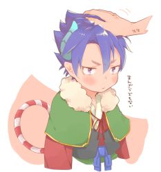 Rule 34 | 1boy, blue hair, child, demon boy, headpat, highres, horns, japanese clothes, jiro myu, male focus, oonishi jiro, pointy ears, pop-up story, purple eyes, simple background, solo focus, white background, wings, ziz glover