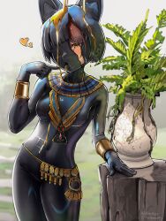 Rule 34 | 1girl, alterkyon, animal ears, animegao, black bodysuit, bodysuit, bracelet, breasts, broken mask, brown eyes, brown hair, cosplay, egyptian, fake animal ears, gold, highres, jewelry, kigurumi, latex, latex bodysuit, looking at viewer, mask, medium breasts, original, plant, potted plant, skin tight, solo, standing, tongue, tongue out, usekh collar