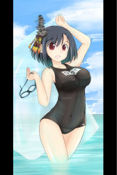 Rule 34 | 10s, 1girl, :d, arm up, bare shoulders, black hair, black one-piece swimsuit, blue sky, breasts, bro, bro (badmaiden), cloud, collarbone, covered navel, day, goggles, hair ornament, highres, holding, kantai collection, large breasts, letterboxed, looking at viewer, name tag, navel, one-piece swimsuit, open mouth, outdoors, partially submerged, personification, red eyes, school swimsuit, short hair, sky, smile, solo, swimsuit, wading, water, yamashiro (kancolle)