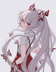 Rule 34 | 1girl, bow, breasts, cigarette, fkey, from behind, fujiwara no mokou, grey background, grey hair, hair between eyes, hair bow, hand in pocket, long hair, looking at viewer, looking back, mouth hold, pants, ponytail, red eyes, red pants, shirt, short sleeves, simple background, small breasts, solo, suspenders, touhou, very long hair, white shirt