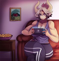 Rule 34 | 1girl, animal ears, bare shoulders, bowl, breasts, cathyl, cleavage, couch, cow ears, cow girl, cow horns, crossed legs, curvy, dark-skinned female, dark skin, eyes visible through hair, ezzydraws, hair between eyes, highres, horns, huge breasts, monster girl, monster musume no iru nichijou, multicolored hair, muscular, muscular female, nintendo switch, painting (object), parted lips, playing games, purple eyes, short hair, sitting, solo, sportswear, tank top, thick eyebrows, thick thighs, thighs, two-tone hair, wide hips