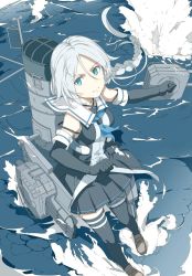 Rule 34 | 10s, 1girl, bare shoulders, black gloves, black serafuku, black skirt, black thighhighs, blue eyes, blue neckerchief, braid, cannon, closed mouth, collared shirt, elbow gloves, explosion, full body, gloves, gun, hair tie, kantai collection, loafers, long hair, looking at viewer, machinery, mole, mole under eye, neckerchief, ninimo nimo, ocean, parted bangs, pleated skirt, rigging, school uniform, serafuku, shirt, shoes, single braid, skirt, sleeveless, sleeveless shirt, smokestack, solo, splashing, thighhighs, torpedo, turret, umikaze (kancolle), very long hair, waves, weapon, white hair