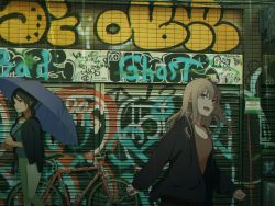 Rule 34 | 2girls, 5114ave, absurdres, bicycle, black hair, black jacket, blonde hair, breasts, cleavage, commentary request, garage, graffiti, highres, holding, holding umbrella, jacket, long hair, long sleeves, looking at viewer, multiple girls, open mouth, original, outdoors, rain, smile, umbrella