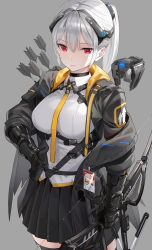 Rule 34 | 1girl, arrow (projectile), black choker, black jacket, black skirt, black thighhighs, bow, bow (weapon), choker, closed mouth, collared shirt, commentary request, compound bow, drone, gauntlets, grey background, hair between eyes, headgear, high ponytail, highres, holding, holding weapon, hood, hoodie, id card, jacket, kfr, multiple straps, open clothes, open jacket, original, pink lips, pleated skirt, ponytail, pouch, red eyes, robot, shirt, sidelocks, silver hair, skirt, strap, thighhighs, weapon, white shirt, yellow neckwear