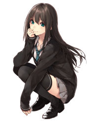 Rule 34 | 10s, 1girl, brown hair, buttons, cardigan, earrings, full body, green eyes, hand on own head, head rest, highres, idolmaster, idolmaster cinderella girls, jewelry, kuwashima rein, loafers, long hair, long sleeves, looking at viewer, loose necktie, necktie, pleated skirt, school uniform, shibuya rin, shirt, shoes, simple background, skirt, sleeves past wrists, smile, solo, squatting, striped, striped necktie, thighhighs, unbuttoned, white background, white shirt, zettai ryouiki