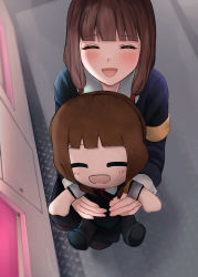 Rule 34 | 1girl, :d, absurdres, black pantyhose, blunt bangs, blush, brown hair, character doll, closed eyes, commentary request, doll, facing viewer, from above, highres, holding, holding doll, iino miko, kaguya-sama wa kokurasetai ~tensai-tachi no renai zunousen~, looking at viewer, low twintails, open mouth, pantyhose, ponzu (udon), school uniform, shuuchiin academy school uniform, smile, solo, squatting, twintails