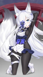 Rule 34 | 1girl, absurdres, animal ears, arm up, armpits, azur lane, blue eyes, blurry, blurry background, bodystocking, bodysuit, breasts, cien (shikanokuni), commentary request, fox ears, fox tail, hair ornament, hair over one eye, highres, kasumi (azur lane), kasumi (retrofit) (azur lane), long hair, retrofit (azur lane), silver hair, small breasts, solo, tail, torii