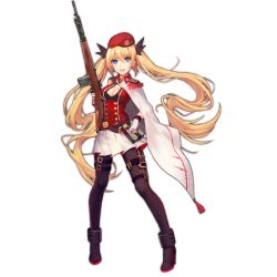 Rule 34 | 1girl, beret, beretta bm 59, black footwear, black pantyhose, blonde hair, blue eyes, bm59 (girls&#039; frontline), boots, breasts, buttons, cape, cartridge, cleavage, cleavage cutout, clenched hands, clothing cutout, dagger, eyebrows, full body, girls&#039; frontline, gloves, gun, hair ribbon, hat, high heel boots, high heels, holding, holding gun, holding weapon, holster, knife, large breasts, long hair, long twintails, looking at viewer, military, military uniform, official art, open mouth, pantyhose, personification, pleated skirt, ribbon, skirt, solo, strap, transparent background, trigger discipline, twintails, uniform, very long hair, weapon, white gloves