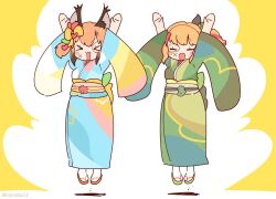 Rule 34 | 2girls, animal ears, arms up, brown hair, caracal (kemono friends), cat ears, cat girl, closed eyes, coroha, extra ears, full body, hair ornament, indie virtual youtuber, irodori mayoi, japanese clothes, jumping, kemono friends, kemono friends v project, kimono, long hair, looking at viewer, multiple girls, orange hair, simple background, virtual youtuber, yellow background