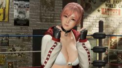 Rule 34 | 1girl, 3d, animated, belt buckle, black choker, bouncing breasts, boxing ring, bra, breasts, buckle, choker, cleavage, dead or alive, dead or alive 6, fingerless gloves, gloves, gym, hair ornament, honoka (doa), huge breasts, jacket, large breasts, linea alba, low ponytail, navel, open clothes, open jacket, pantyhose, pink hair, red eyes, short jeans, tagme, tecmo, torn clothes, torn pantyhose, underboob, underwear, video, white bra