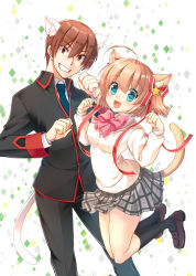 Rule 34 | 1boy, 1girl, animal ears, black legwear, blonde hair, bow, brown hair, cat ears, cat tail, green eyes, green necktie, grin, hair ribbon, jumping, kamikita komari, little busters!, loafers, looking at viewer, natsume kyousuke, necktie, open mouth, paw pose, pink bow, plaid, plaid skirt, pleated skirt, red eyes, red ribbon, remotaro, ribbon, school uniform, shoes, short hair, skirt, smile, sweater, tail, twintails