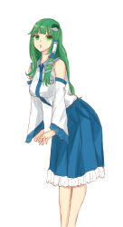 Rule 34 | 1girl, bare shoulders, blue skirt, breasts, collared shirt, commentary, detached sleeves, feet out of frame, frilled skirt, frills, frog hair ornament, green eyes, green hair, hair ornament, highres, kashiwada kiiho, kochiya sanae, leaning forward, long hair, looking at viewer, medium breasts, open mouth, pleated skirt, shirt, simple background, single hair tube, skirt, snake hair ornament, solo, touhou, very long hair, white background, white shirt