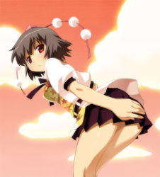 Rule 34 | 1girl, ass, black hair, brown eyes, cloud, covering privates, covering ass, female focus, hand on own ass, hat, hat ribbon, leaning forward, looking at viewer, red sky, ribbon, shameimaru aya, shirt, short hair, skirt, sky, solo, tokin hat, touhou, umekichi