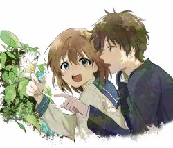 Rule 34 | 1boy, 1girl, black shirt, blue eyes, brown hair, bug, butterfly, butterfly on hand, commentary request, highres, insect, jacket, medium hair, open mouth, original, pointing, school uniform, serafuku, shirt, short hair, shosudo, simple background, uniform, white background