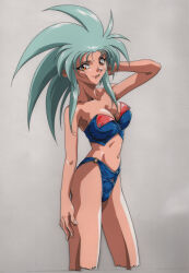 Rule 34 | 1990s (style), 1girl, absurdres, arm behind head, arm up, big hair, bikini, blue bikini, breasts, cel, cleavage, collarbone, cropped legs, highres, large breasts, light green hair, navel, non-web source, official art, pointy ears, retro artstyle, ryouko (tenchi muyou!), scan, simple background, smile, solo, spiked hair, strapless, strapless bikini, swimsuit, tenchi muyou!, yellow eyes