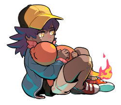 Rule 34 | 1boy, aged down, aqua jacket, bandaid, bandaid on knee, bandaid on leg, bright pupils, charmander, closed mouth, commentary request, creatures (company), dark-skinned male, dark skin, flame-tipped tail, from side, game freak, gen 1 pokemon, hat, holding, holding pokemon, jacket, korean commentary, leon (pokemon), long hair, long sleeves, male focus, nintendo, pokemon, pokemon (anime), pokemon (creature), pokemon journeys, pokemon swsh043, purple hair, redlhzz, shoes, shorts, simple background, sitting, split mouth, tearing up, white background, white pupils, yellow eyes, yellow headwear