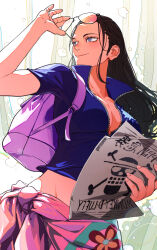 Rule 34 | 1girl, absurdres, adjusting eyewear, backpack, bag, black hair, blue eyes, blue shirt, blunt bangs, breasts, bubble, cleavage, eyewear on head, from below, hand on eyewear, highres, holding, holding paper, large breasts, long hair, looking afar, mygiorni, nico robin, one piece, paper, partially unzipped, purple bag, sarong, shirt, short sleeves, smile, solo, tree