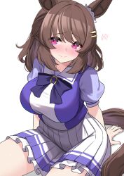 Rule 34 | 1girl, animal ears, arm support, blush, bow, bowtie, breasts, brown hair, closed mouth, commentary request, ear ornament, frilled skirt, frills, hair ornament, hairclip, half updo, highres, horse ears, horse girl, horse tail, kibihimi, large breasts, light hello (umamusume), multicolored clothes, multicolored shirt, multicolored skirt, nail polish, pink eyes, pink nails, pleated skirt, puffy short sleeves, puffy sleeves, purple bow, purple bowtie, purple shirt, sailor collar, school uniform, shirt, short hair, short sleeves, simple background, sitting, skirt, solo, tail, tracen school uniform, umamusume, white background, white sailor collar, white skirt