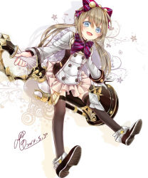 Rule 34 | 10s, 1girl, 2014, academic (dragon nest), bad id, bad pixiv id, black thighhighs, blue eyes, bow, brown hair, dated, dragon nest, full body, gloves, hair bow, long hair, miniskirt, nairofu, oao, ribbon, shoes, signature, single glove, skirt, smile, solo, thighhighs, twintails, weapon, white skirt