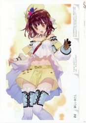Rule 34 | 1girl, :d, absurdres, atelier (series), atelier sophie, bare shoulders, blush, brown eyes, brown hair, collarbone, culottes, dress, flower, game cg, gloves, hat, highres, huge filesize, jewelry, navel, necklace, noco (adamas), official art, open mouth, short hair, single glove, smile, solo, sophie neuenmuller, thighhighs, wrist cuffs