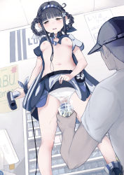 Rule 34 | 1boy, 1girl, black hair, breasts, breasts out, cameltoe, clothes lift, convenience store, girls&#039; frontline, highres, lifted by self, mishima hiroji, nipples, open mouth, panties, peeing, peeing in cup, peeing self, qbu-88 (girls&#039; frontline), shop, skirt, skirt lift, small breasts, standing, underwear, wet, wet clothes, wet panties