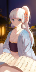 Rule 34 | 1girl, ayaka (genshin impact), blunt bangs, blurry, blurry background, closed mouth, commentary request, depth of field, genshin impact, grey eyes, hair ornament, high ponytail, highres, japanese clothes, kimono, lantern, liu guniang, long hair, long sleeves, looking at viewer, obi, open clothes, ponytail, sash, scroll, smile, solo, very long hair, white hair, white kimono, wide sleeves