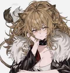 Rule 34 | 1girl, animal ears, aogisa, arknights, black choker, black jacket, blonde hair, breasts, brown eyes, choker, cleavage, collarbone, female focus, fur-trimmed jacket, fur trim, hair between eyes, head rest, highres, jacket, large breasts, lion ears, lion tail, long hair, looking away, siege (arknights), simple background, solo, studded choker, tail, tail wagging, tank top, upper body, white background